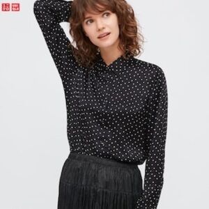 Uniqlo 100% Silk Button Down Blouse – Black with Off-White Polka Dots | Medium